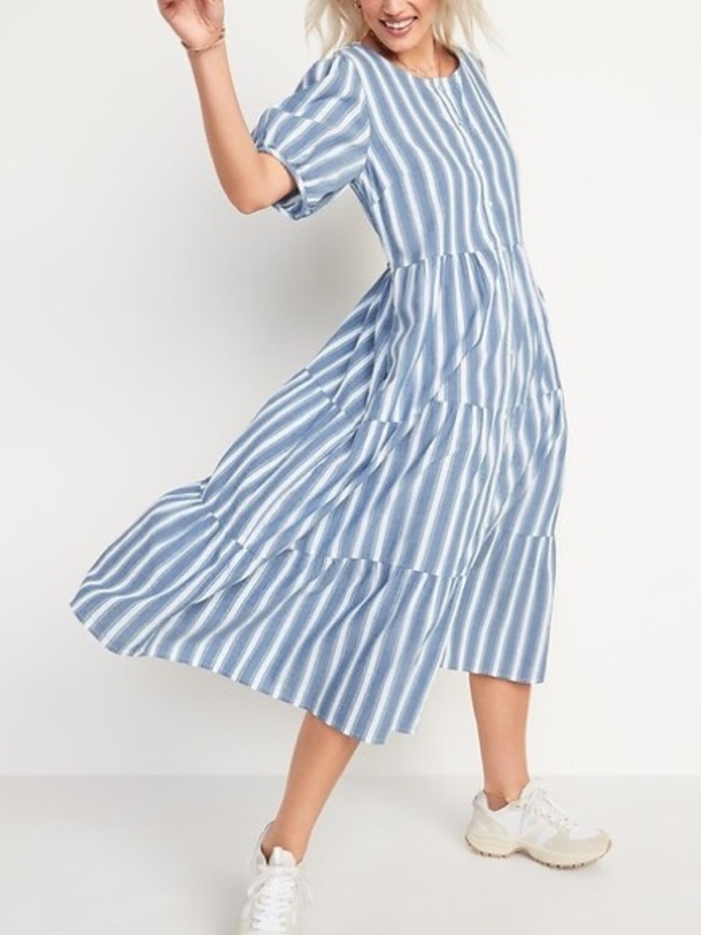 Old Navy Puff-Sleeve Tiered Striped Midi Swing Dress - Picture 2 of 8
